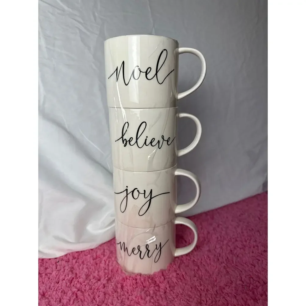 Set 4 Large Holiday Christmas Coffee Mugs Cups White Black‎ Words Letters